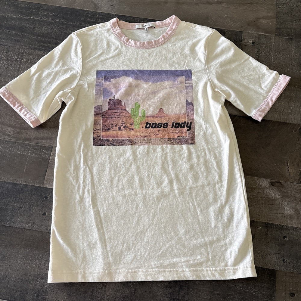 Ganni "Boss Lady" Desert Print Ringer T-Shirt Ivory Pink XS